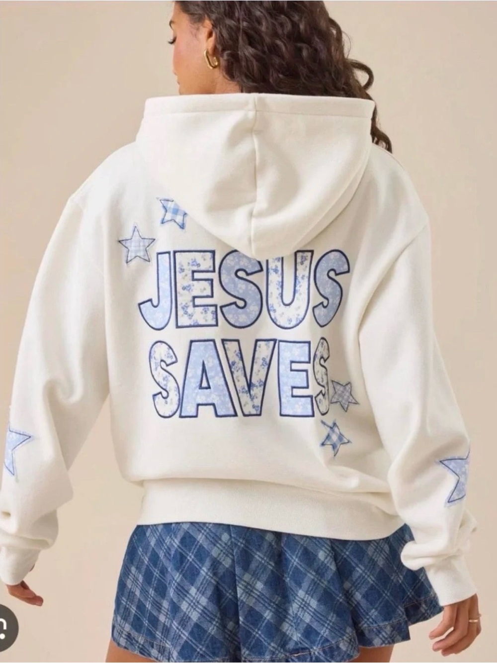 Altar'd State Cream Hoodie with Blue 'JESUS SAVES' Graphic